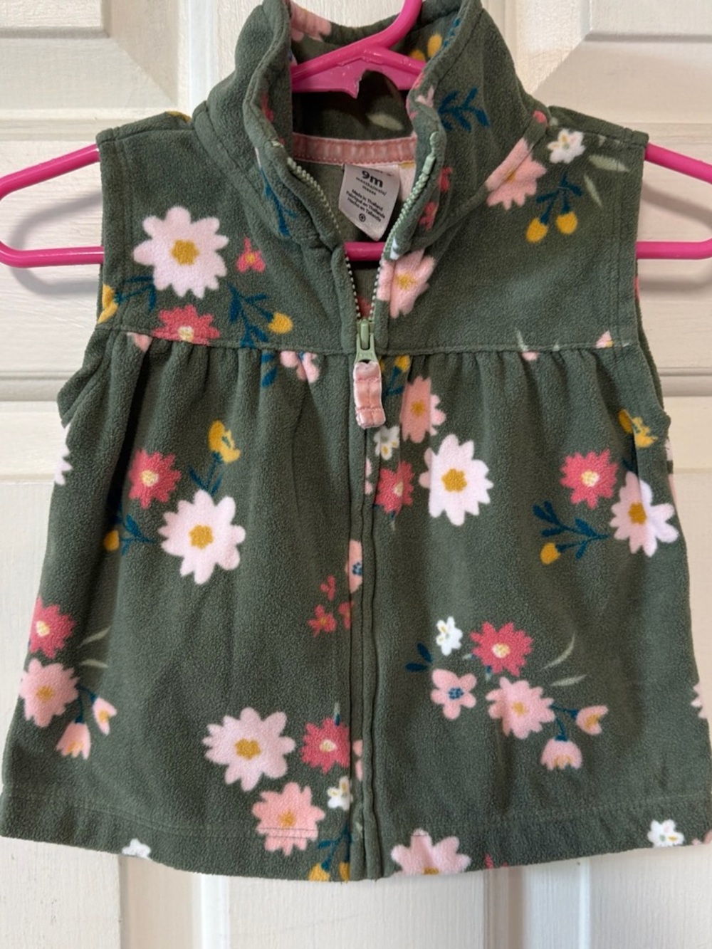 Carter's Olive Green Floral Fleece Vest with Pink Accents